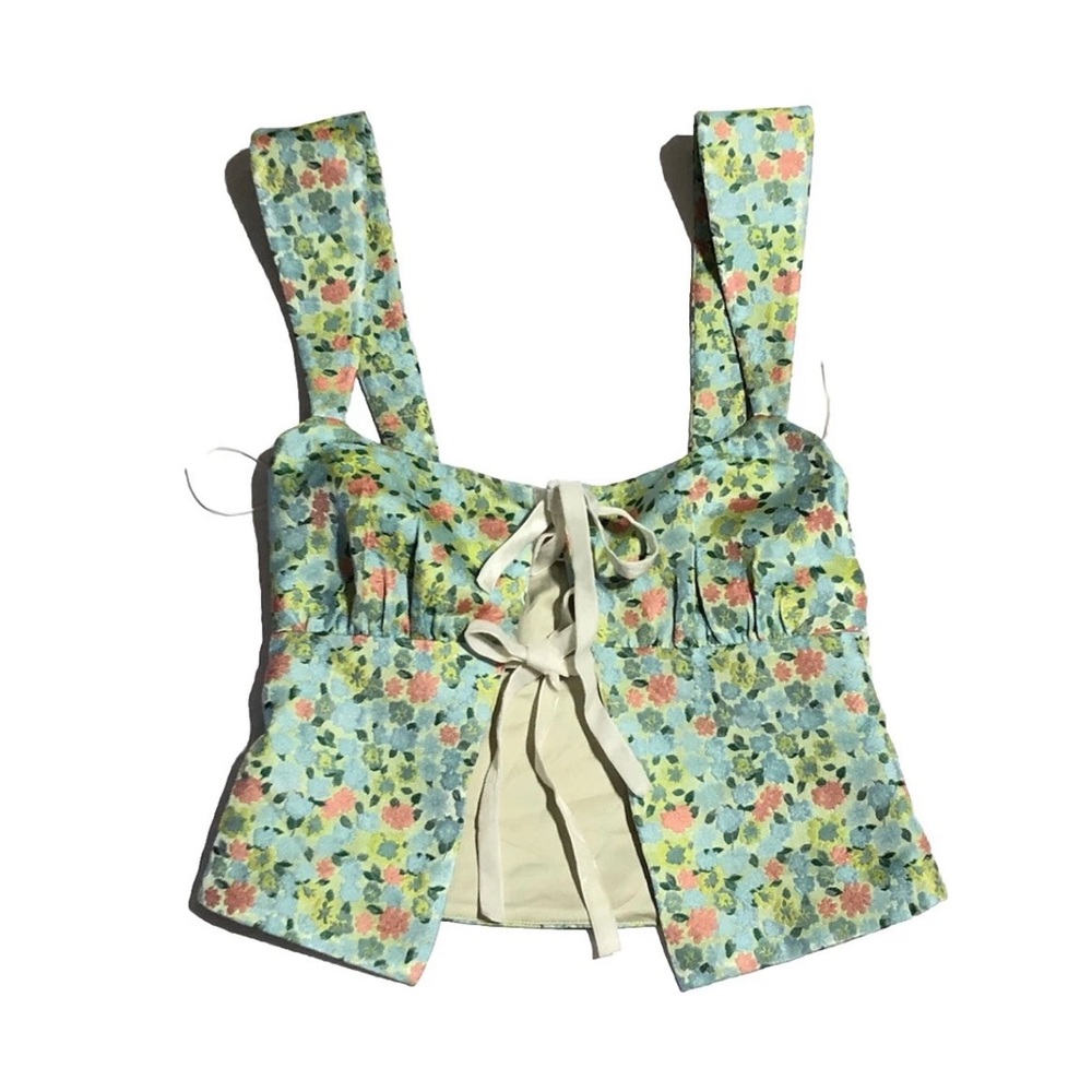 Reformation Women’s Floral Minty Green Azalea Linen Tie-Front Crop Top